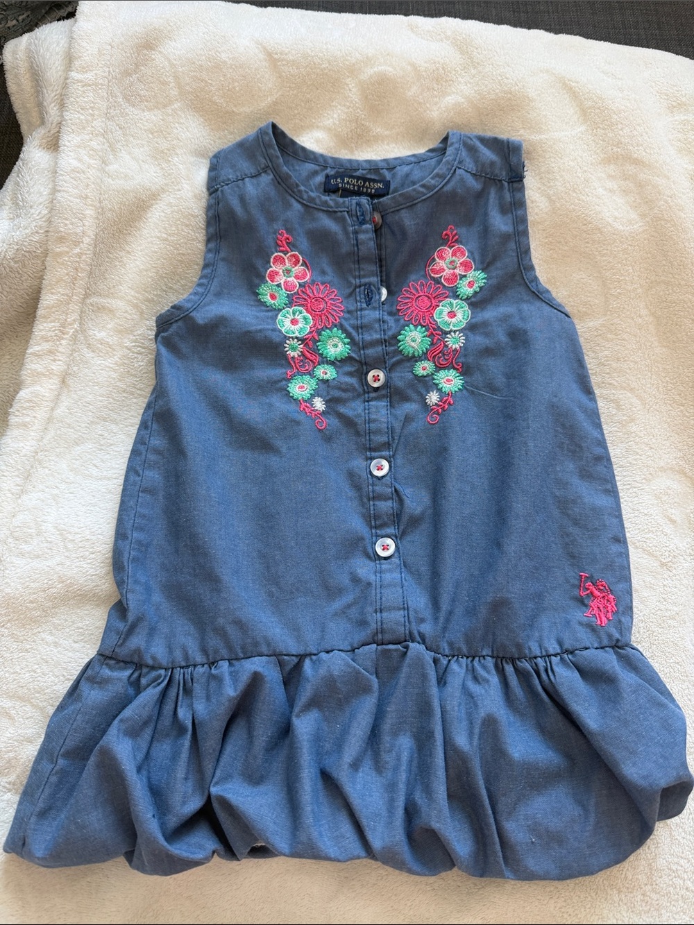 U.S. Polo Assn. Blue Girls Sleeveless Dress with Pink & Green Floral Embroidery